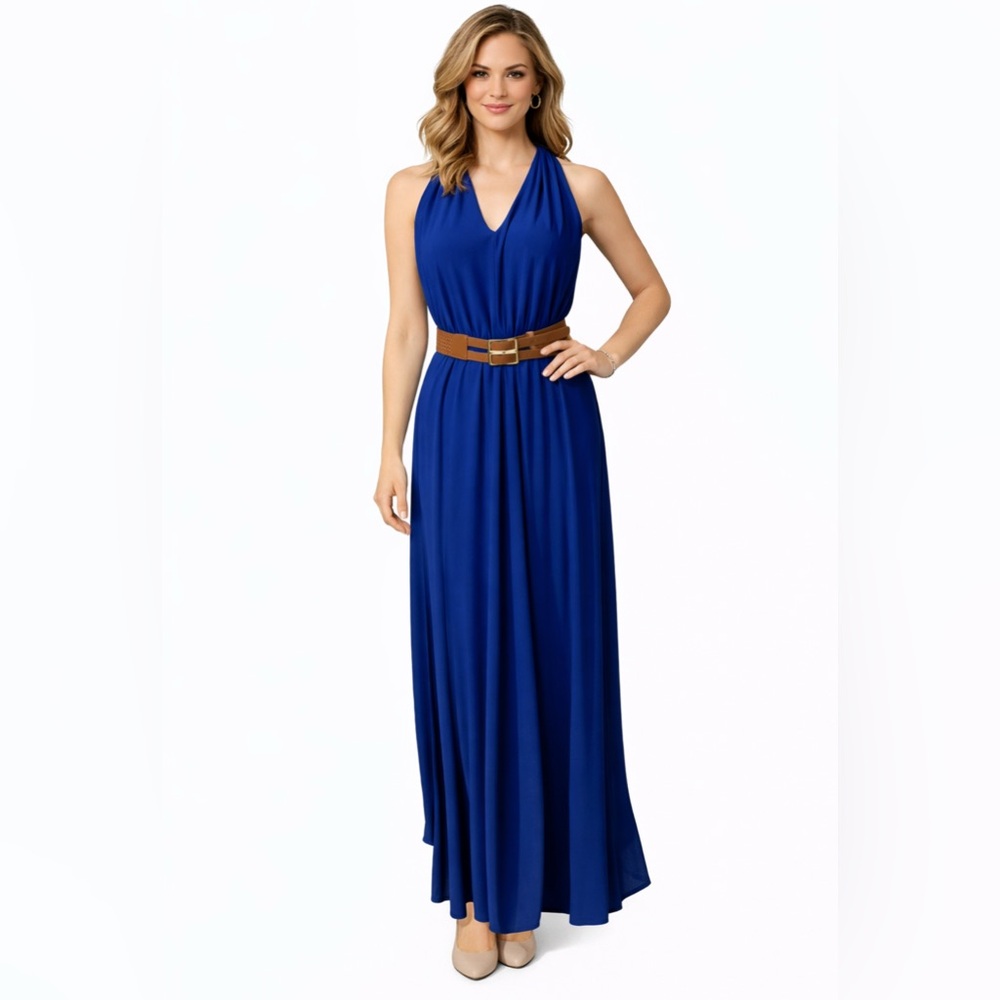 Ralph Lauren Maxi Dress 4 Blue Stretch Sleeveless W Belt NEW
